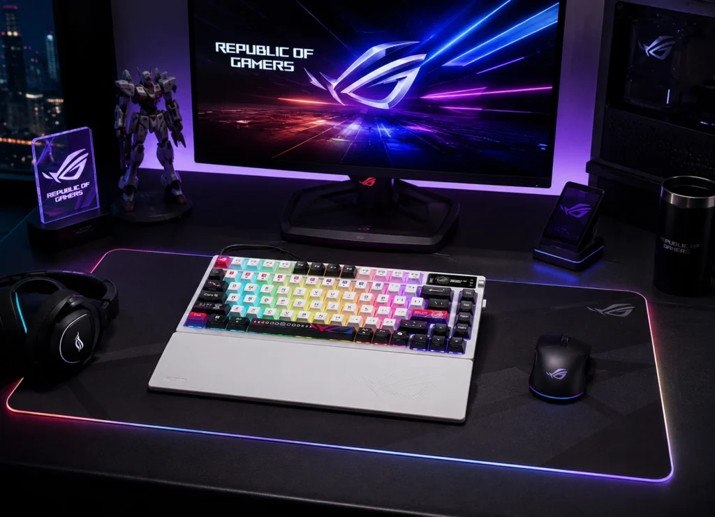 ASUS ROG Azoth X premium TKL gaming keyboard in white with wireless tri-mode connectivity