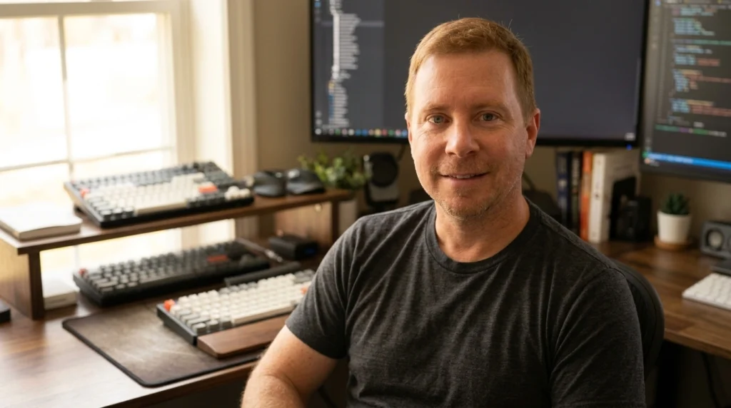 Marcus Reed, founder and lead reviewer of GamingKeyboards.net, at his Austin home office with three mechanical keyboards on his desk