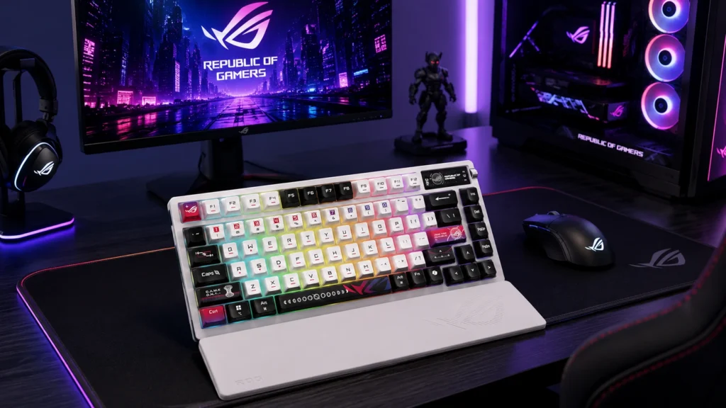 ASUS ROG Azoth X white 75% TKL wireless mechanical keyboard with hot-swap switches for Mac