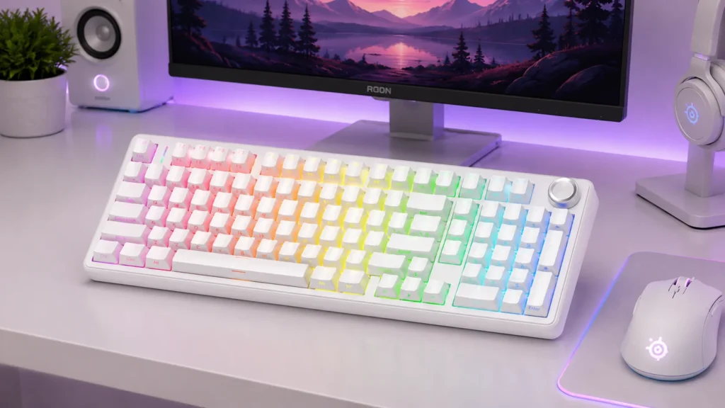 AULA F99 Pro Silent Version wireless mechanical gaming keyboard in white with pre-lubed linear switches and RGB backlight