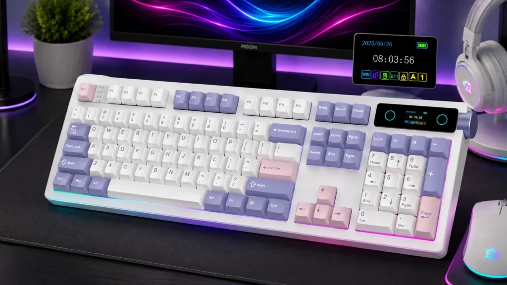 EPOMAKER TH108 Pro wireless mechanical keyboard in white with Sea Salt Silent switches, gasket mount, OLED screen, and knob