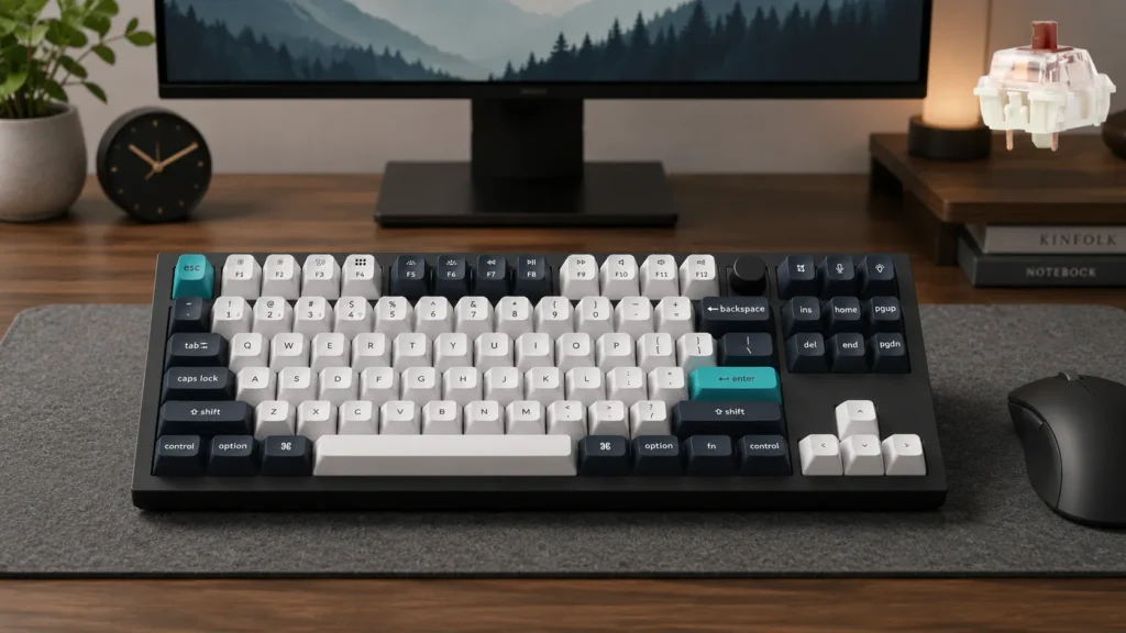 Keychron Q3 Max — the best TKL keyboard for streaming overall, shown on a stream desk with a microphone