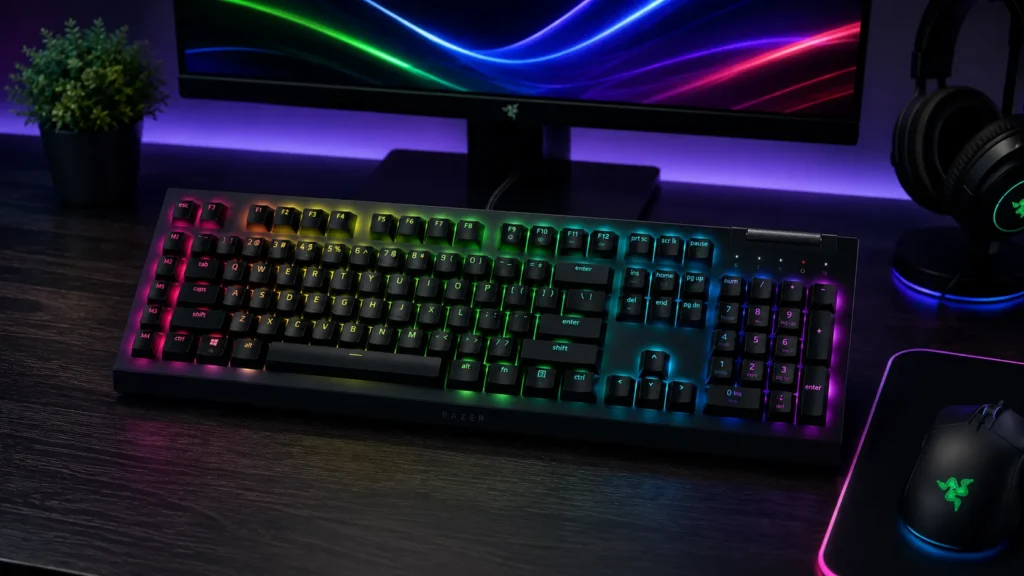 Razer BlackWidow V4 X full-size gaming keyboard with Yellow linear silent switches, Chroma RGB, and six programmable macro keys