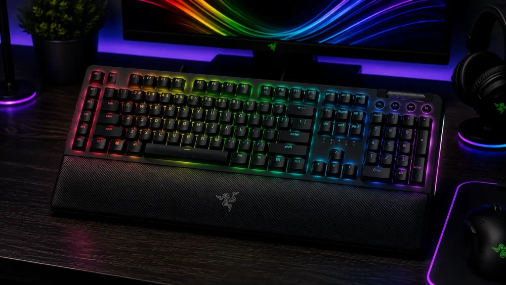 Razer BlackWidow V4 full-size gaming keyboard with Yellow linear silent switches, magnetic wrist rest, and Chroma RGB