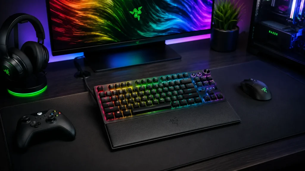Razer Huntsman V3 Pro TKL gaming keyboard with analog optical switches, media dial, and wrist rest