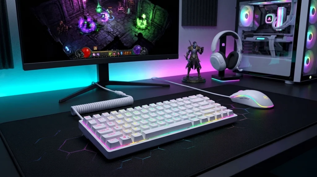 Royal Kludge RK84 budget tactile TKL keyboard on a wooden desk