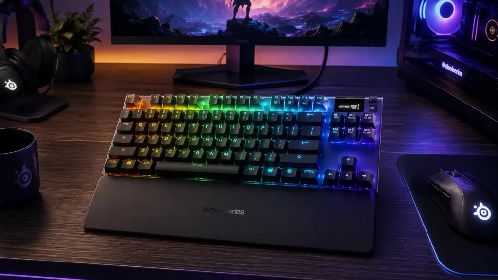 SteelSeries Apex 7 TKL mechanical gaming keyboard with USB passthrough port and OLED display