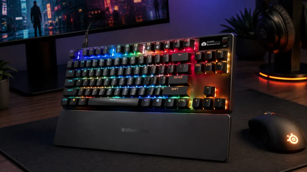 SteelSeries Apex Pro TKL Gen 3 gaming keyboard with metal volume roller and OLED display