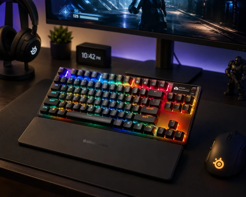 SteelSeries Apex Pro TKL Gen 3, my top pick for the best TKL gaming keyboard for MMO play, with OmniPoint 3.0 Hall Effect switches and OLED display