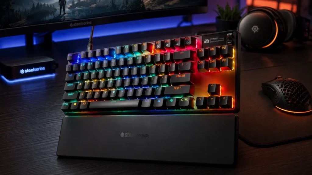 SteelSeries Apex Pro TKL Gen 3 gaming keyboard shown connected to PS5 and Xbox Series X
