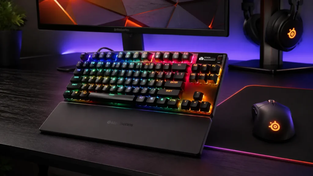 SteelSeries Apex Pro TKL Gen 3 silent gaming keyboard with OmniPoint 3.0 magnetic switches, OLED display, and PBT keycaps