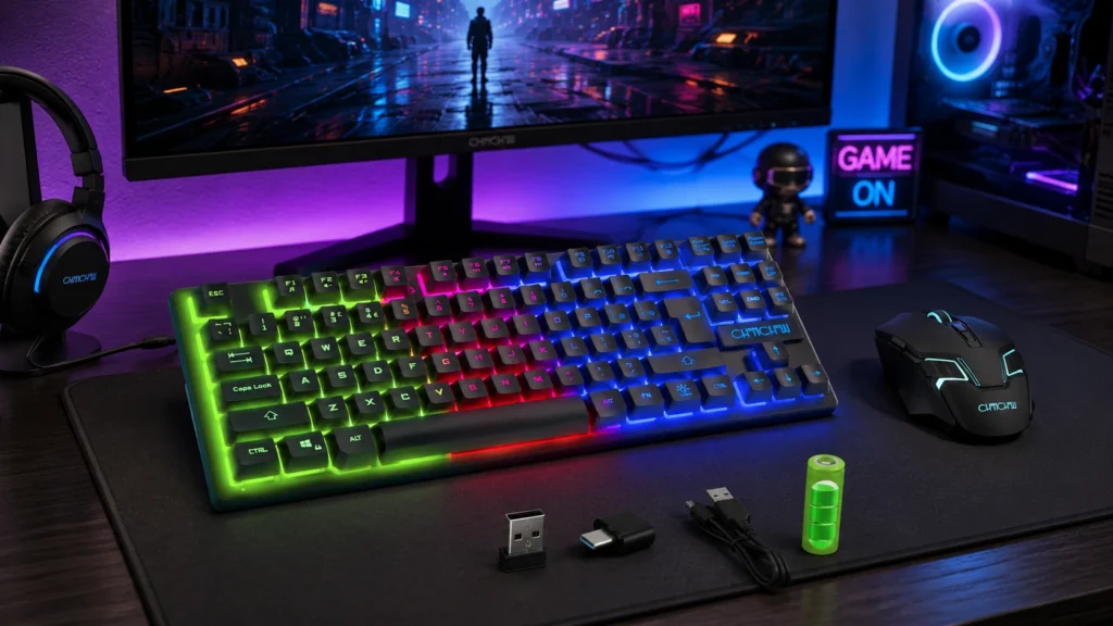 Budget wireless 87-key TKL gaming keyboard and mouse combo compatible with Mac, PS5, and Windows