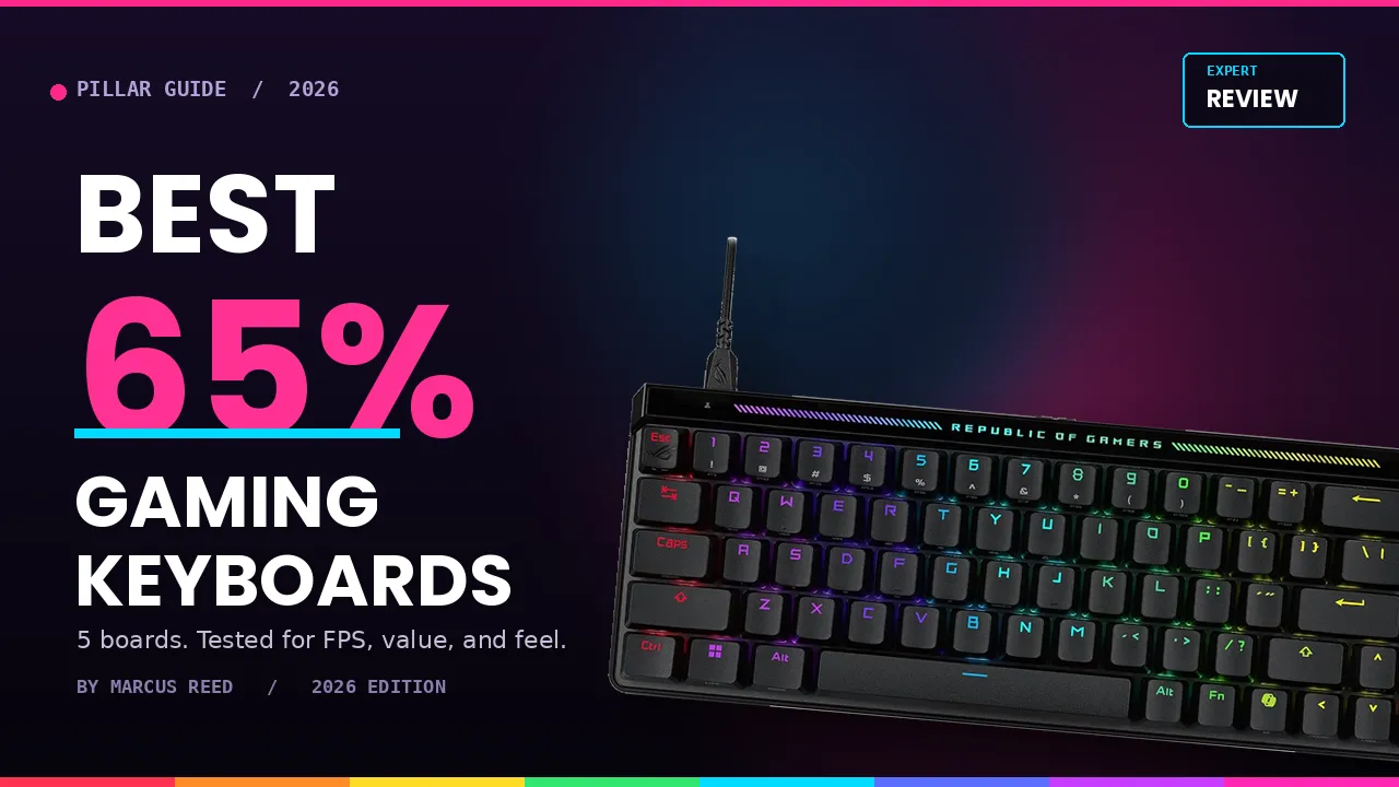 Glorious GMMK 2 65 percent gaming keyboard with vivid rainbow per-key RGB lighting and orange Ascend escape key on dark gray compact layout