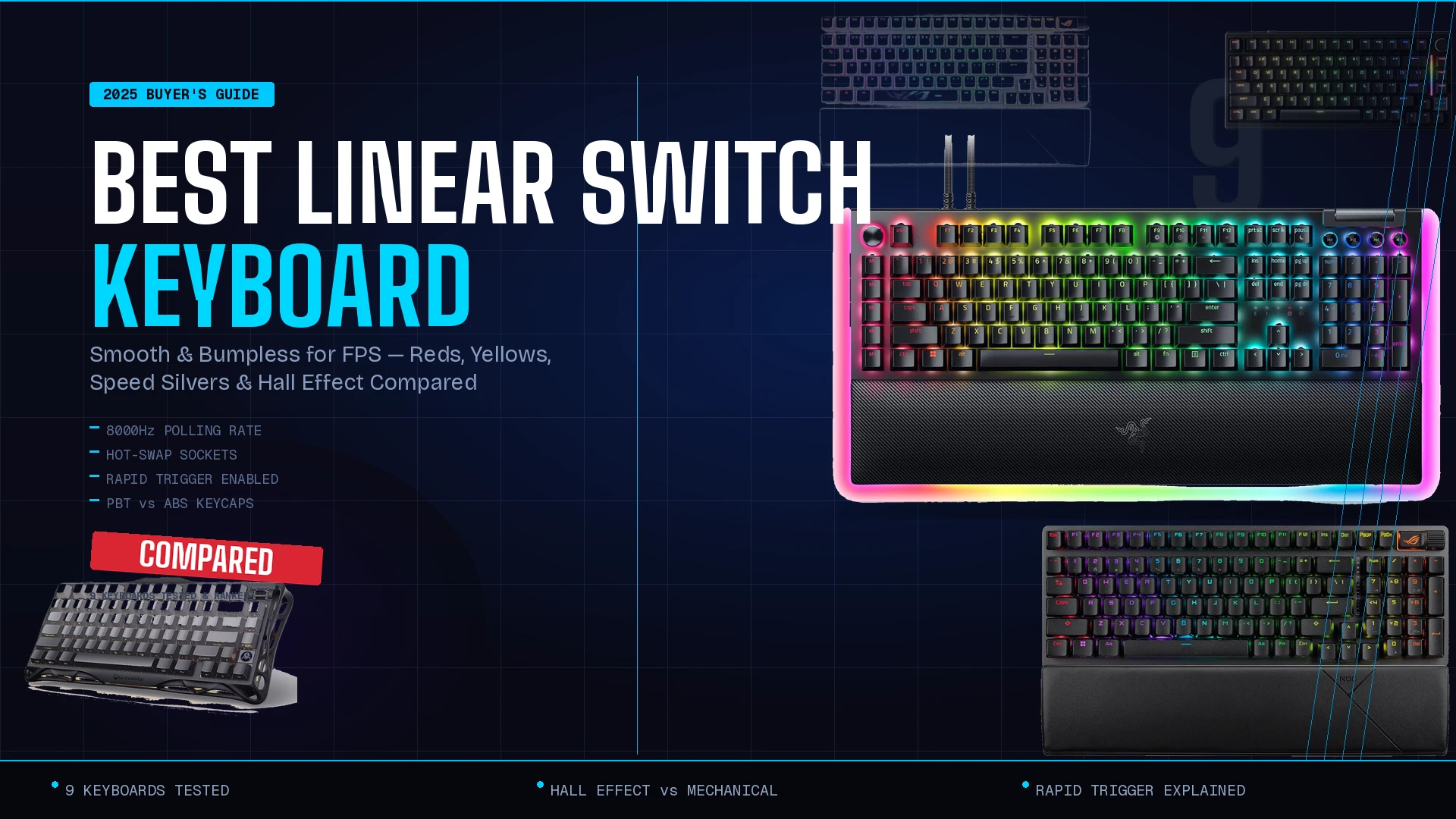 Best premium gaming keyboard 2026 — $200+ flagship buying guide thumbnail with RGB-lit mechanical keyboard.