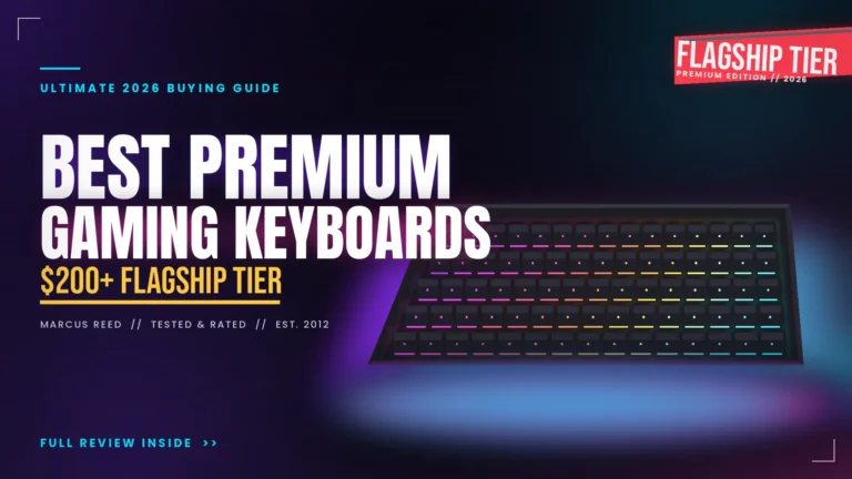 Best premium gaming keyboard 2026 — $200+ flagship buying guide thumbnail with RGB-lit mechanical keyboard.