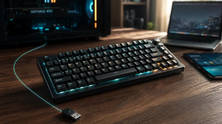 Wireless gaming keyboard with 2.4GHz USB dongle and Bluetooth devices on desk