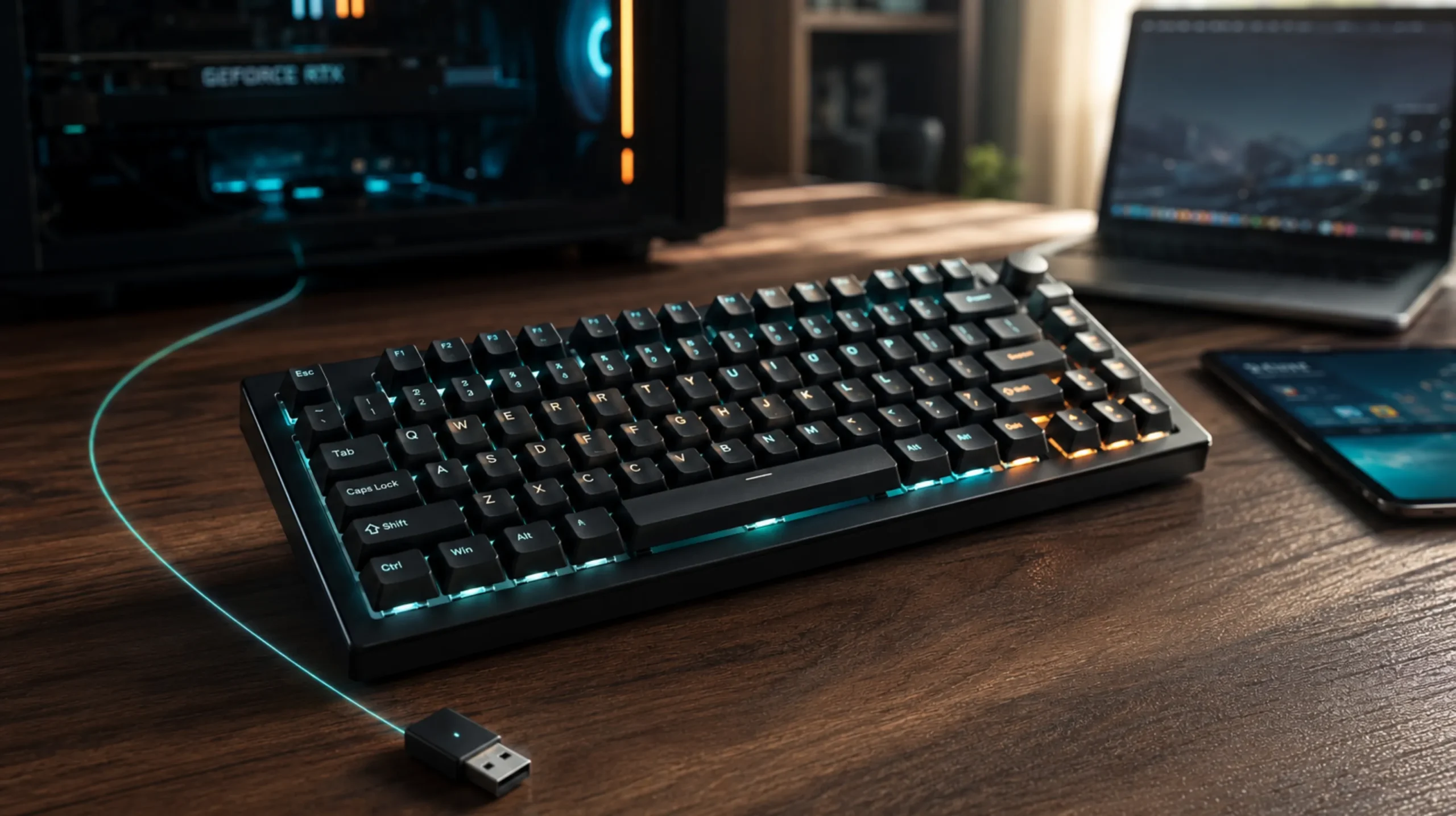 Wireless gaming keyboard with 2.4GHz USB dongle and Bluetooth devices on desk