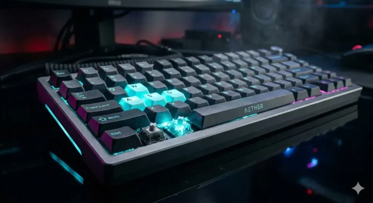 Hall effect mechanical keyboard with cyan RGB lighting showing 8000Hz polling rate