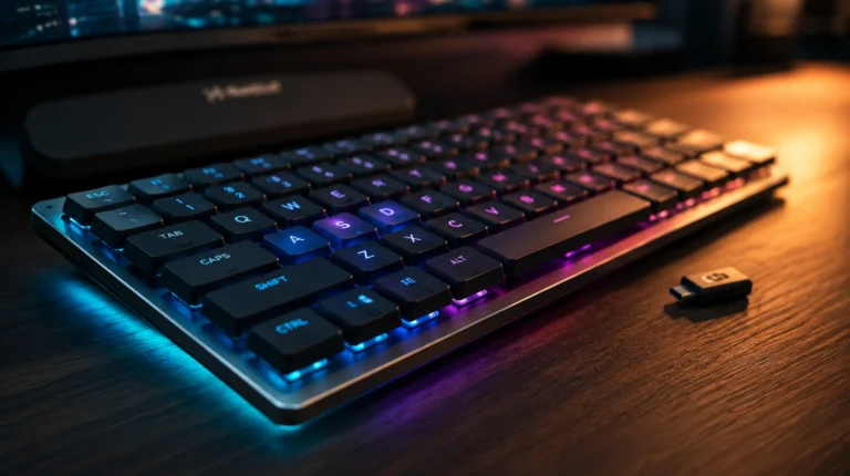 Sleek low profile wireless gaming keyboard on a dark walnut desk with subtle cyan RGB underglow and aluminum top plate