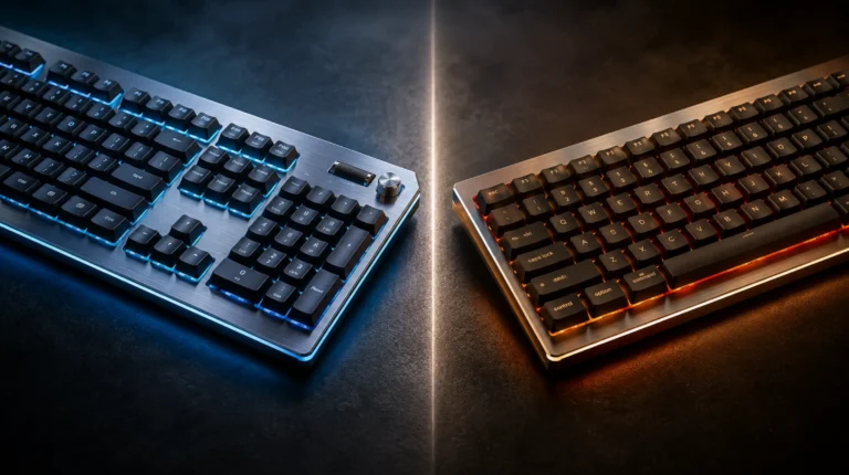 Logitech G915 vs Corsair K100 Air low-profile wireless mechanical keyboards shown side by side in a head-to-head comparison