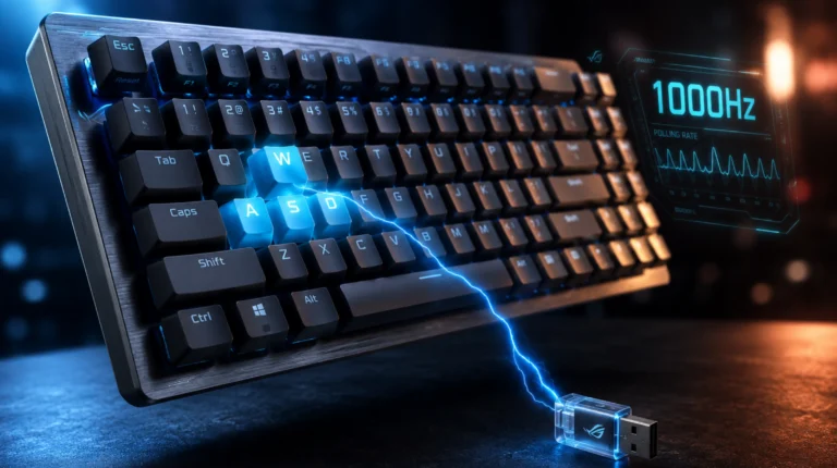 Premium wireless gaming keyboard with neon lightning streak and floating 1000Hz HUD illustrating low wireless gaming keyboard input lag.
