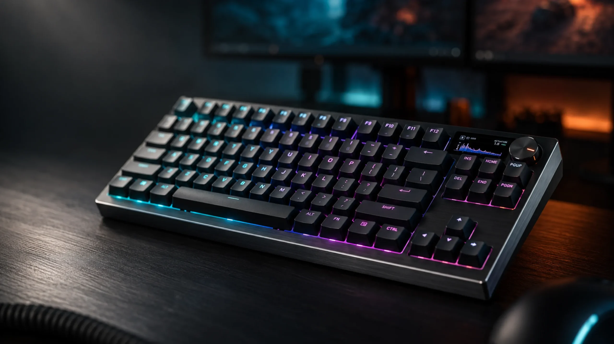 ASUS ROG Azoth 96 HE premium wireless gaming keyboard on a dark desk with cyan and magenta RGB backlighting and a glowing OLED display