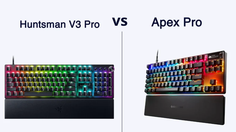 SteelSeries Apex Pro Gen 3 and Razer Huntsman V3 Pro side by side on a dark desk, showing aluminum top plates, RGB lighting, and OLED display — apex pro vs huntsman v3 pro hero comparison.