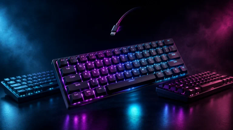 Three best 65% wireless gaming keyboard models arranged on a dark studio surface with RGB underglow lighting