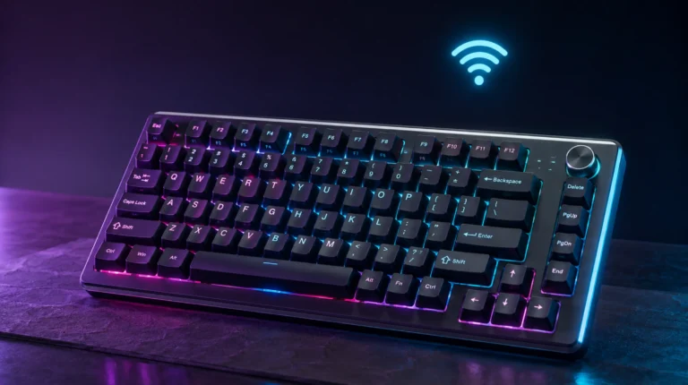 Best 75% wireless gaming keyboard lineup featuring Womier SK75, AULA F75 Pro, and Redragon K673 GB on a dark desk with RGB backlight