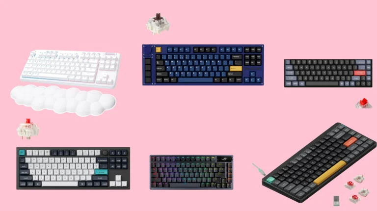 Best Bluetooth gaming keyboard lineup — Keychron Q3 Max, Lemokey L3, NuPhy Air75 V2, and Asus ROG Azoth on a multi-device desk setup with a PC, console, and tablet.