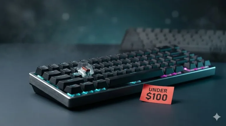 Best cheap hall effect keyboard under $100 with RGB underglow on a dark gaming desk, magnetic switches visible