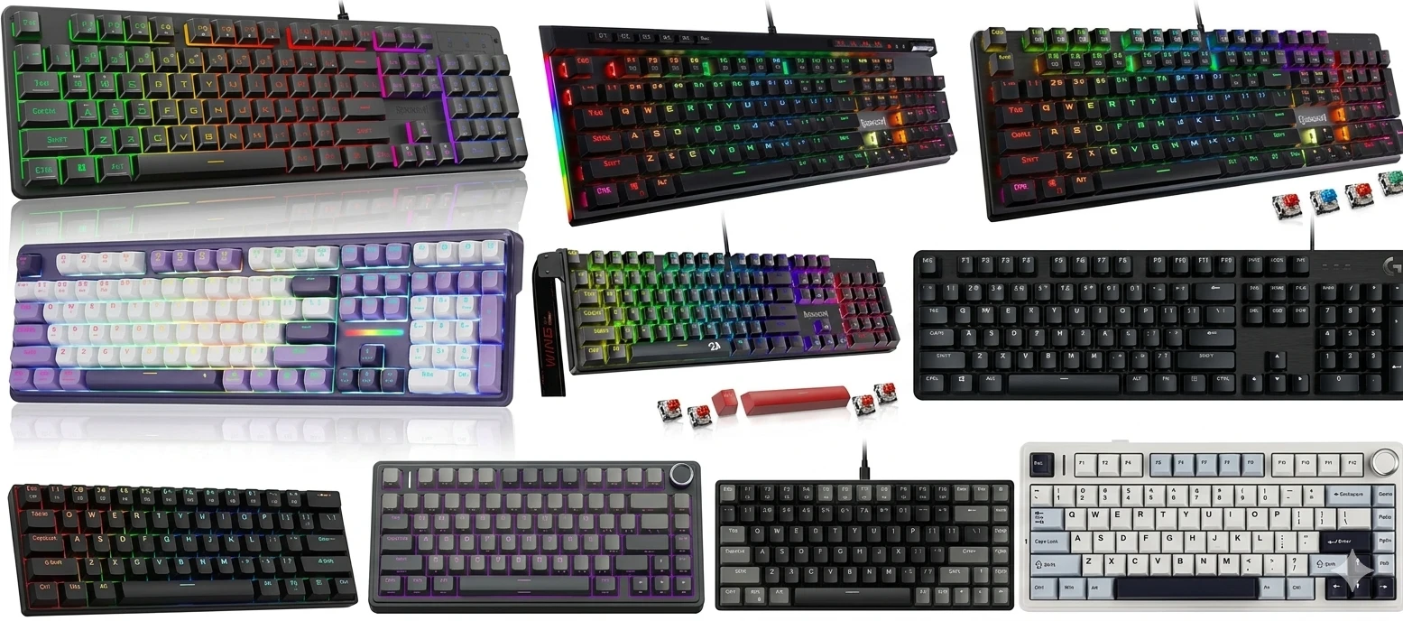 Best cheap mechanical keyboard for gaming with RGB backlight on a dark wooden desk, surrounded by spare switches and PBT keycaps