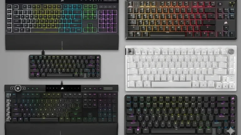 Best Corsair keyboard lineup featuring the K100 RGB, K70 Max, K70 RGB Pro, and K65 Plus Wireless on a gaming desk