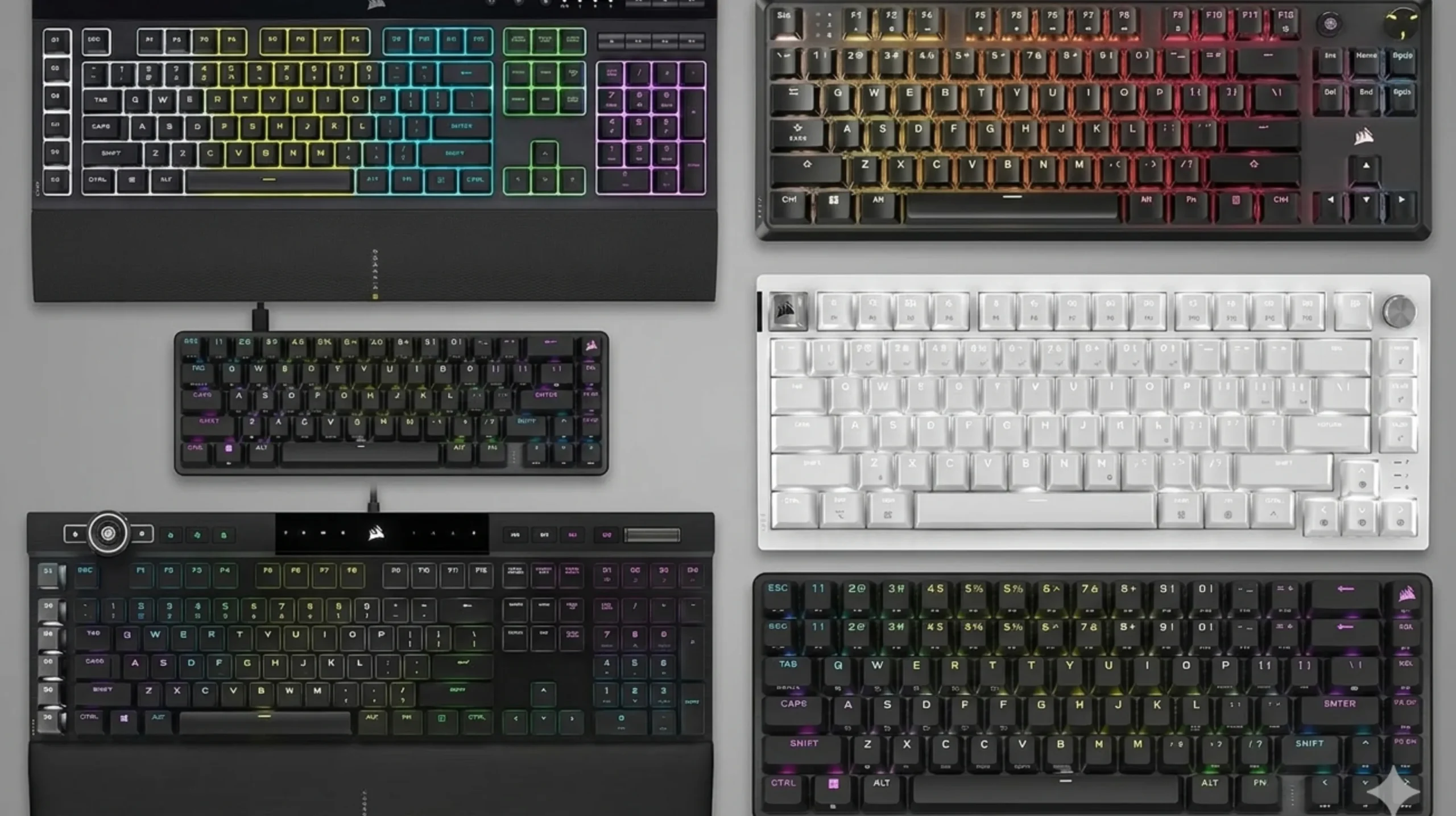 Best Corsair keyboard lineup featuring the K100 RGB, K70 Max, K70 RGB Pro, and K65 Plus Wireless on a gaming desk