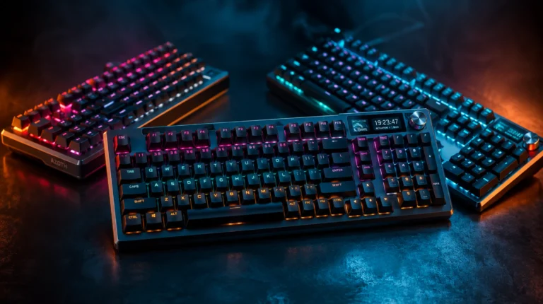 Best full size wireless gaming keyboard comparison — AULA F108 PRO, ASUS ROG Strix Scope II 96, and EPOMAKER TH108 V2 PRO with RGB lighting on a dark desk