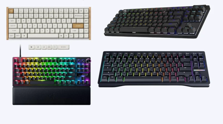 Best gaming keyboards for FPS games lined up on a desk — Wooting 80HE, Razer Huntsman V3 Pro TKL, and SteelSeries Apex Pro TKL Gen 3