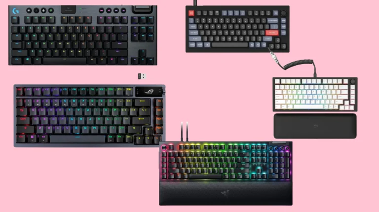 Best gaming keyboard for streaming setup with quiet linear switches and RGB lighting visible on camera