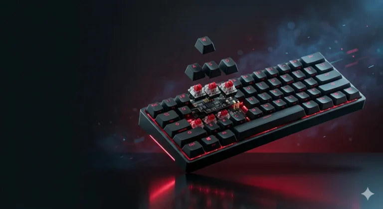 Close-up of a black Hall Effect mechanical gaming keyboard with red RGB underglow and translucent magnetic switches, recommended for competitive Valorant play