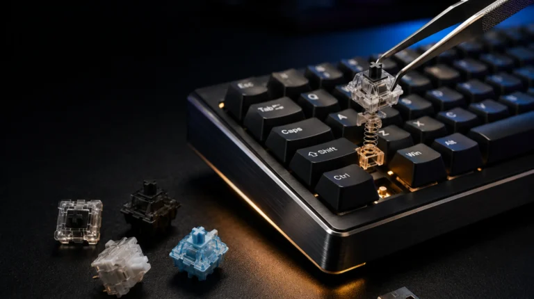 Close-up of a 75% wireless mechanical keyboard with tweezers lifting one switch from its hot-swap socket, illustrating the best hot swap wireless gaming keyboard setup with no cable attached.