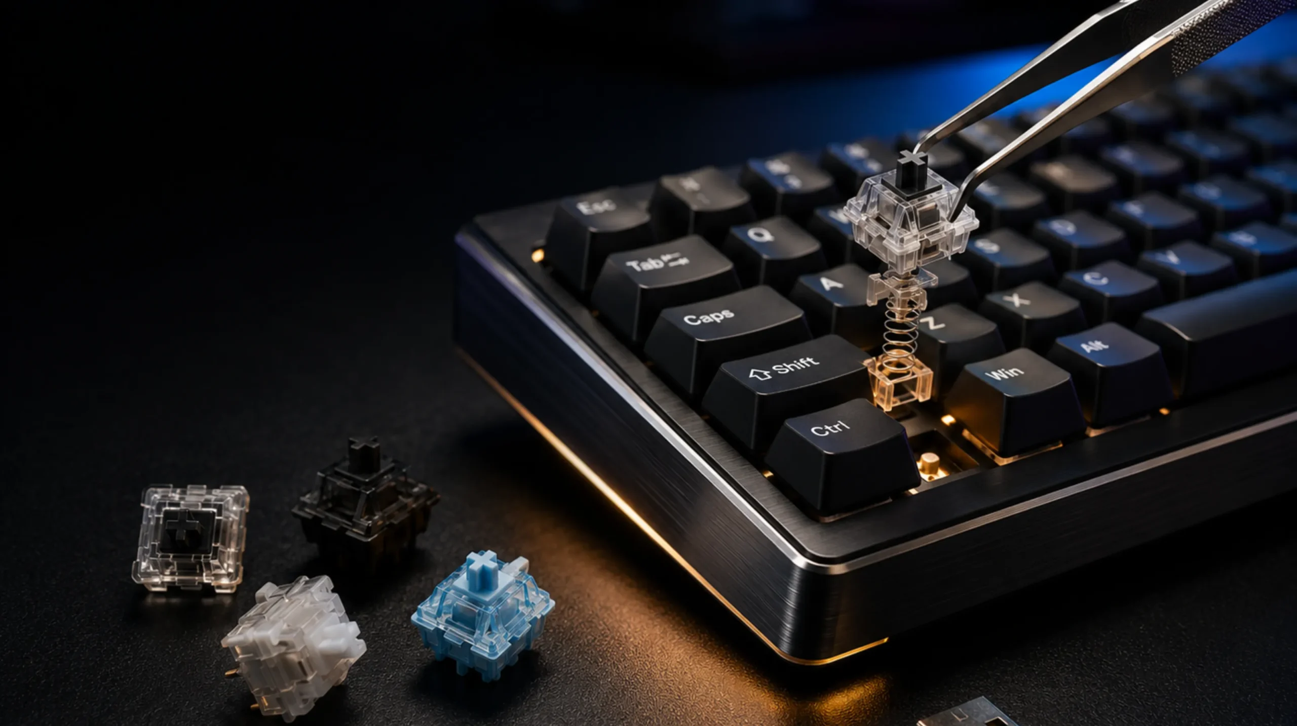 Close-up of a 75% wireless mechanical keyboard with tweezers lifting one switch from its hot-swap socket, illustrating the best hot swap wireless gaming keyboard setup with no cable attached.