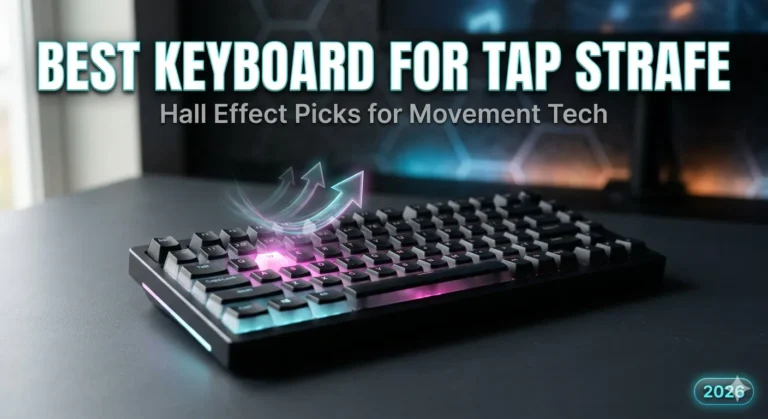 Best keyboard for tap strafe — Hall effect gaming keyboard with glowing cyan WASD keys for Apex Legends and Titanfall movement tech
