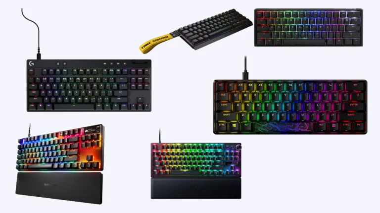 Best keyboard for Valorant: Wooting 60HE, Razer Huntsman V3 Pro TKL, and SteelSeries Apex Pro TKL Gen 3 lined up on a desk for comparison