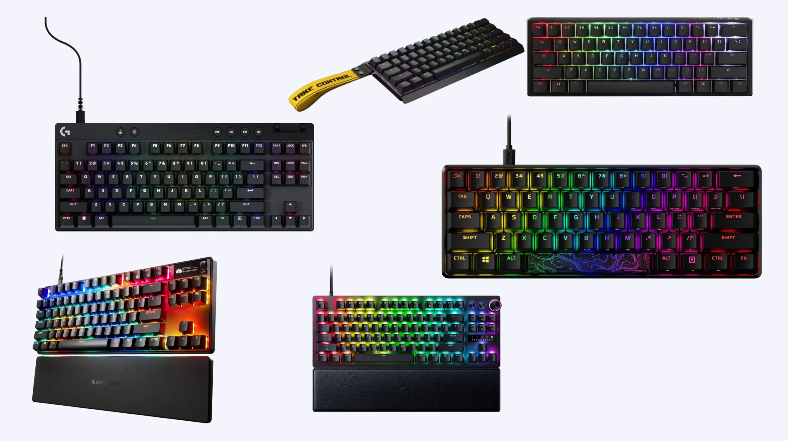 Best keyboard for Valorant: Wooting 60HE, Razer Huntsman V3 Pro TKL, and SteelSeries Apex Pro TKL Gen 3 lined up on a desk for comparison
