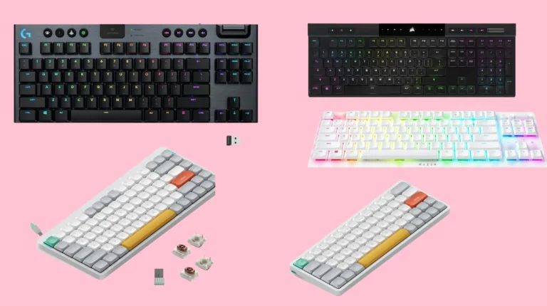 Best low profile gaming keyboard lineup featuring Logitech G915 TKL, Keychron K3 Pro, and NuPhy Air75 V2