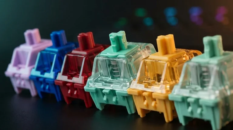 Row of mechanical keyboard switches in yellow, red, blue, purple, and jade green showing the best switches for gaming.