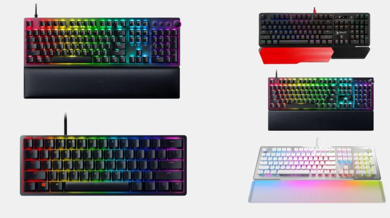 Best optical gaming keyboard lineup with Razer Huntsman, Bloody Light Strike, and Roccat Vulcan II Max on a gaming desk