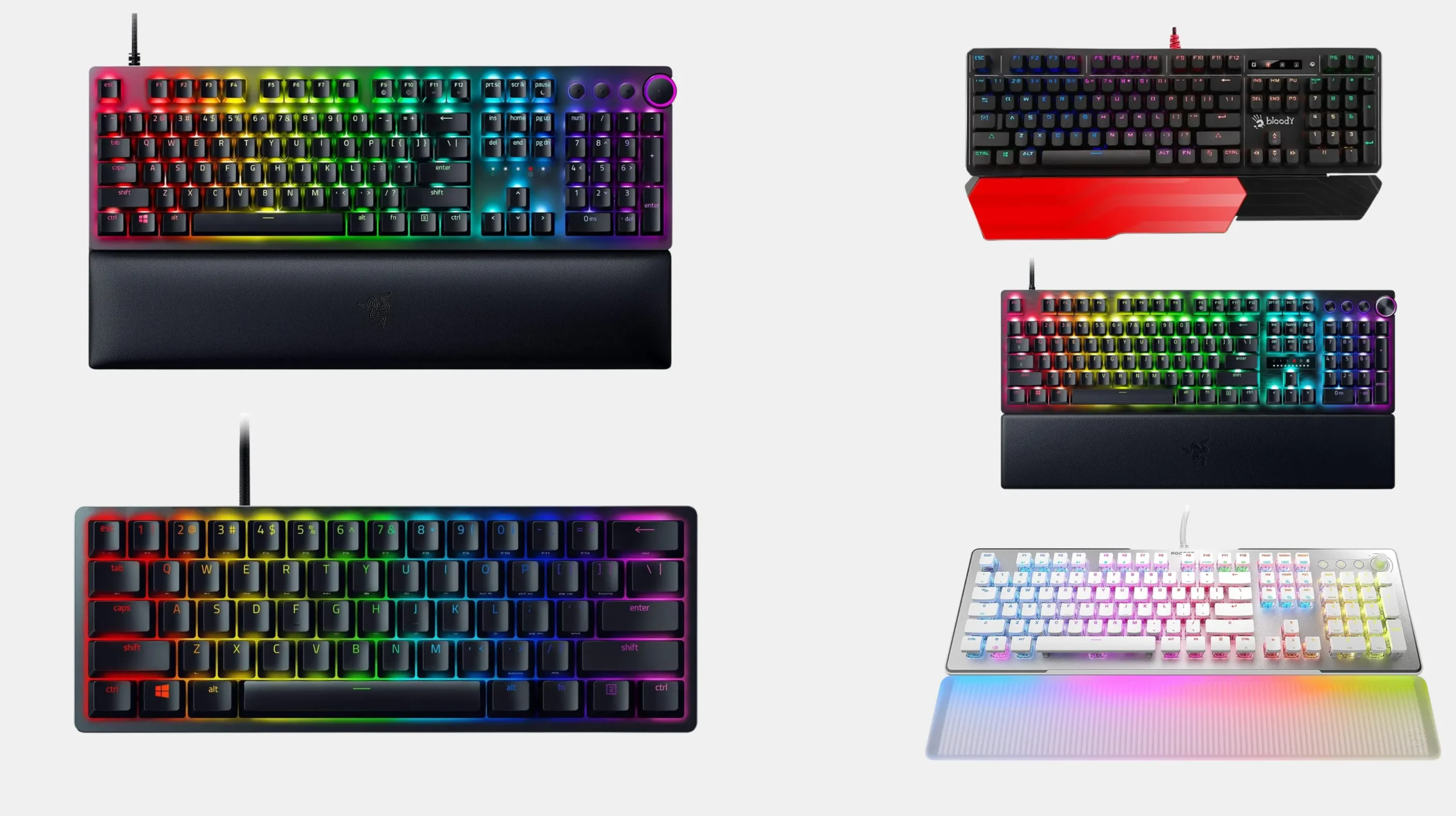 Best optical gaming keyboard lineup with Razer Huntsman, Bloody Light Strike, and Roccat Vulcan II Max on a gaming desk