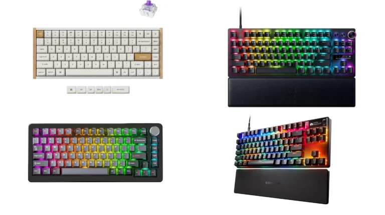 Best rapid trigger keyboard picks including the Wooting 80HE, Razer Huntsman V3 Pro, and DrunkDeer A75 Pro on a desk