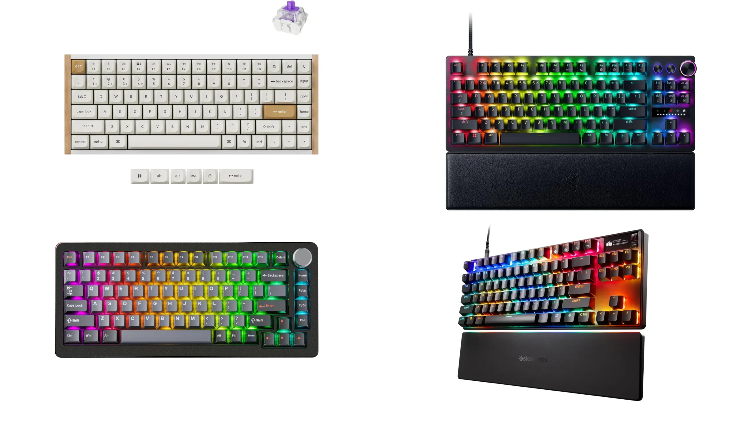 Best rapid trigger keyboard picks including the Wooting 80HE, Razer Huntsman V3 Pro, and DrunkDeer A75 Pro on a desk