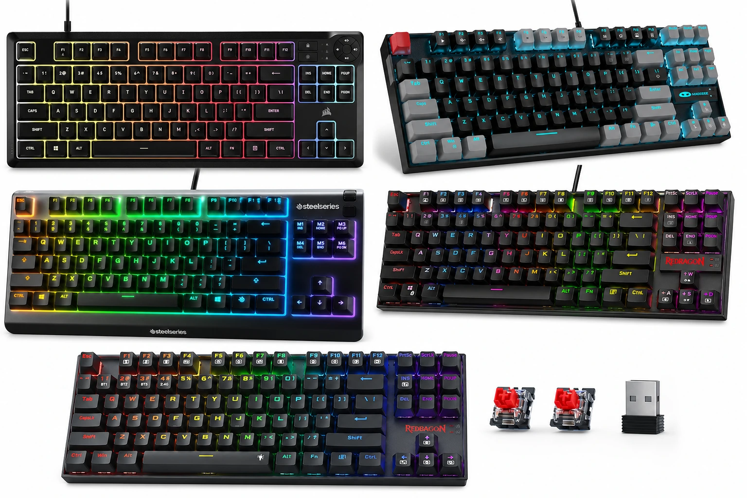 Best TKL gaming keyboard under $50 lineup featuring Redragon, Corsair, SteelSeries, and MageGee tenkeyless models with RGB backlighting